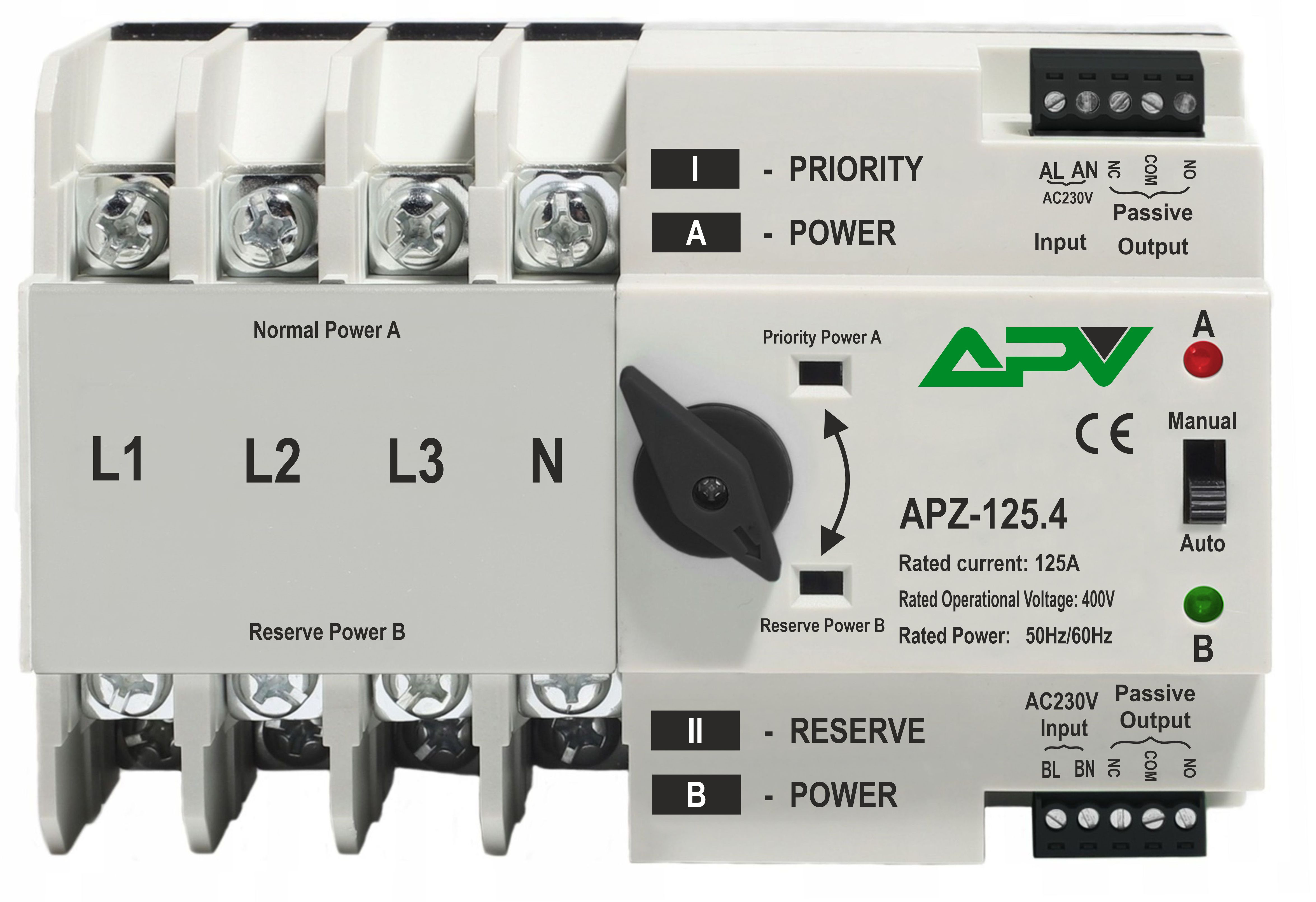 3-FAZOWY AUTOMATYCZNY PRZEŁĄCZNIK ZASILANIA, 4P, 125A, 400V, DO FOTOWOLTAIKI, MARKI APV